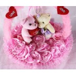 Beautiful Pink Basket of Satan Roses with Love Couple Teddy Bears